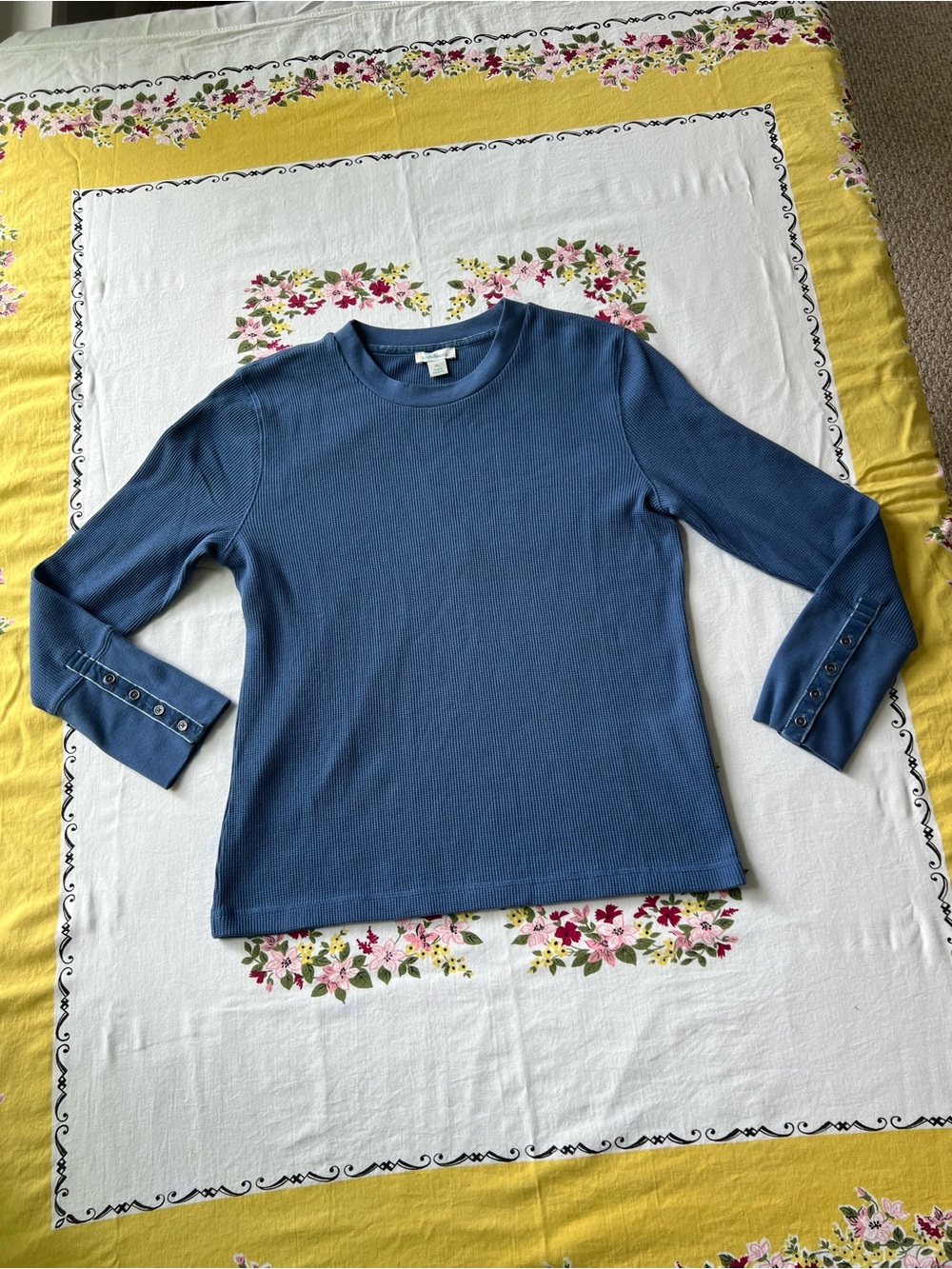 Sundance Blue Thermal Knit Top Velvet Trim Cuffs PL Layer Soft Cozy